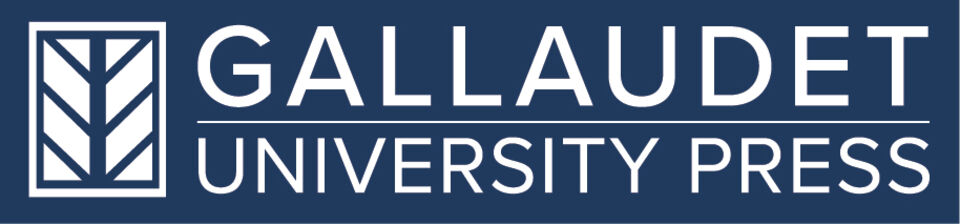 Navy blue background with large white text reading "Gallaudet University Press." On the left of the text, a white and blue logo design made of one central line with three lines extending upward and outward.